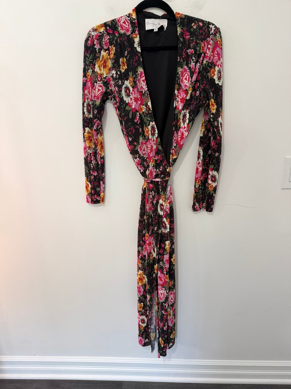Charles Henry Wrap Dress Black Pink Floral Size S